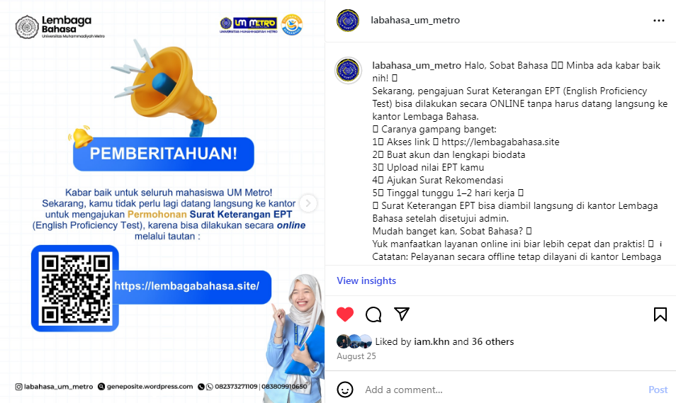Lembaga Bahasa UM Metro Permudah Mahasiswa Ajukan Surat Keterangan EPT Secara Daring